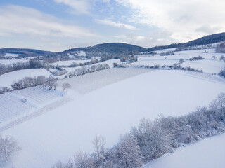 aerial drone flight over beautiful winterwonderland, lower austria, lot of snow