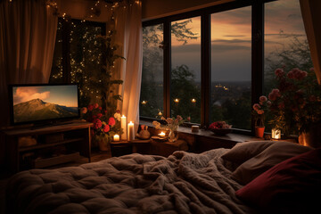 Romantic evening in a bedroom with a beautiful view from the window