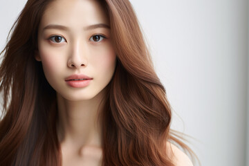 Face of pretty young Asian woman without makeup with brunette hair in front of white background