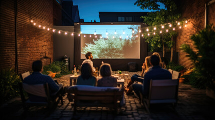 Cozy city backyard cinema brick wall screen and modern seating