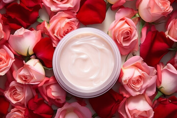 Pot of face cream surrounded with red and pink rose flowers