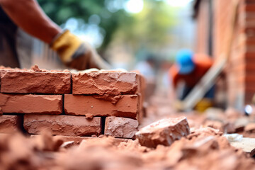 Brick wall being built at construction site