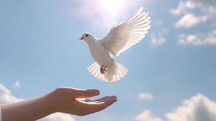 children hands carefully holding and releasing white dove