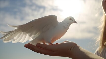 children hands carefully holding and releasing white dove