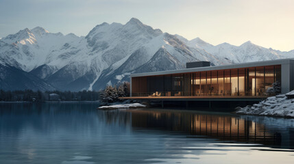 Cinema by alpine lake screen mirroring in mountain waters peaks - obrazy, fototapety, plakaty