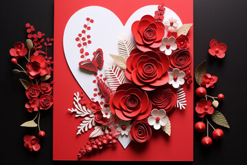Handmade postcard for Valentine's Day. Beautiful composition with red flowers and heart on black background, top view