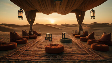 Desert cinema with screen among sand dunes and exotic carpets