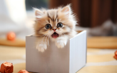A little adorable baby cat comes out of a gift box, party theme, birthday, valentine's day