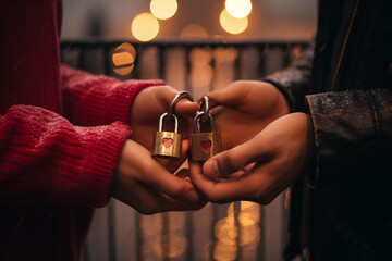 Close up of couple's hands holding two padlocks with heart shape symbols - obrazy, fototapety, plakaty