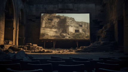Timeless beauty cinema in ancient ruins screen among stones