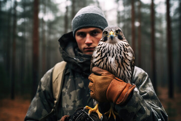 Man holding a beautiful Falcon close up, falconry