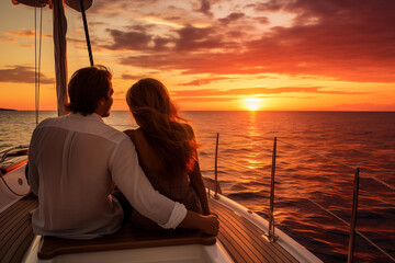Fototapeta na wymiar Romantic couple sitting on a yacht at sunset in the sea. Back view