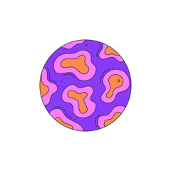 Isolated fictional abstract colorful spotted planet on white background. Purple and pink colors. Space object in surrealistic cartoon style. Sticker, print on a T-shirt. Vector illustration