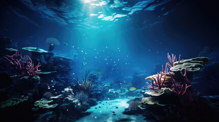 Undersea cinema screen illuminated by aquatic life reef scenery