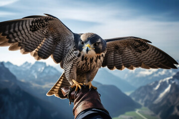 Hand holding a Falcon ready to fly. Beautiful bird is hunting a pray. Falconry