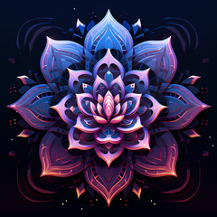 a pixelated mirage featuring tribal motifs, abstract lotus elements influenced by quantum mechanics during nightfall