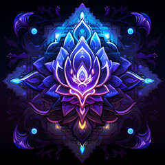 a pixelated mirage featuring tribal motifs, abstract lotus elements during nightfall with mirage-like distortions influenced by quantum mechanics