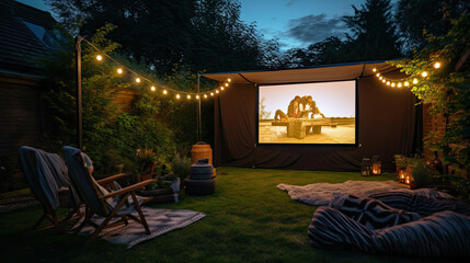 Nighttime Garden Cinema String Lights Comfy Bean Bags