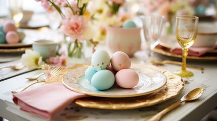 Obraz na płótnie Canvas close up of luxury pastel blue and pink easter eggs with golden elements on the plates