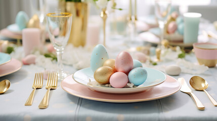 luxury easter table setting with pastel eggs, large plates and golden cutlery - obrazy, fototapety, plakaty