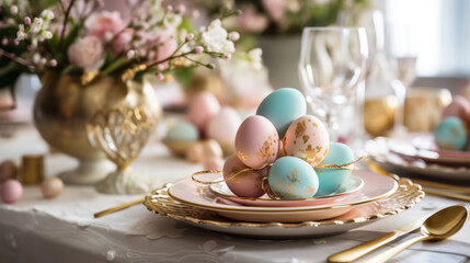 close up of pastel and gold easter eggs on plate, easter table setting - Powered by Adobe