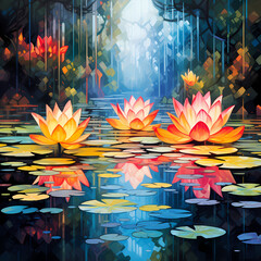 a pixelated mirage featuring jungle elements, abstract lotus elements with watercolor-inspired strokes influenced by quantum mechanics