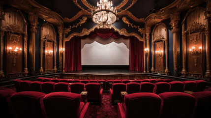 Grandiose Home Cinema Plush Seating Exquisite Chandeliers - obrazy, fototapety, plakaty