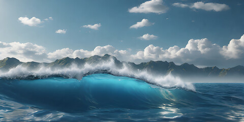 Beautiful ocean surface with mountain backdrop 