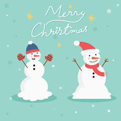 Christmas vector illustration card with cute character snowman. Merry winter holiday concept