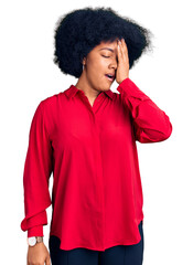 Fototapeta na wymiar Young african american girl wearing casual clothes yawning tired covering half face, eye and mouth with hand. face hurts in pain.