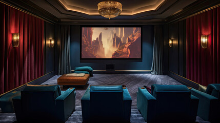 Luxurious Home Cinema Velvet Chairs Hand-Painted Murals