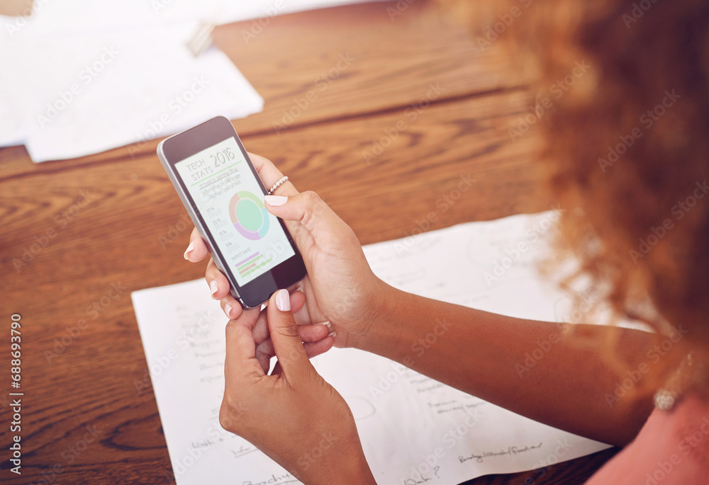Poster Phone, hands or designer with chart for research, technology or graphs analysis on website. Reading data analytics, planning or female person working stats update on mobile app screen with paperwork