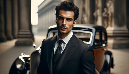 Attractive man wearing a black suit and a black vintage car background