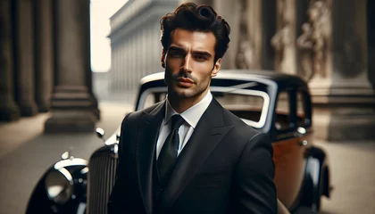 Foto op Canvas Attractive man wearing a black suit and a black vintage car background © chand