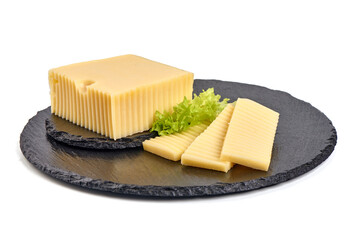 Gouda cheese block, close-up, isolated on white background.