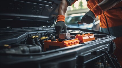 car service with auto mechanic at work - obrazy, fototapety, plakaty