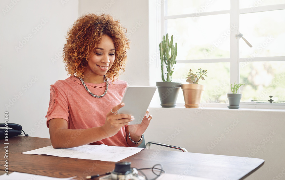 Aufkleber tablet, happy woman or designer with chart for research, technology or analysis online on website. r