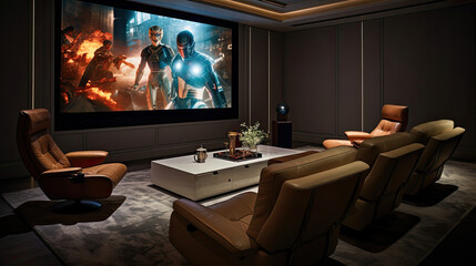Retro-futuristic penthouse theater  chairs vintage posters 110-inch 4K TV screen premium audio