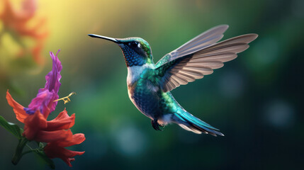 Naklejka premium Nature's Palette, Colorful Hummingbird in Vibrant Surroundings - A Symphony of Hues in Flight.
