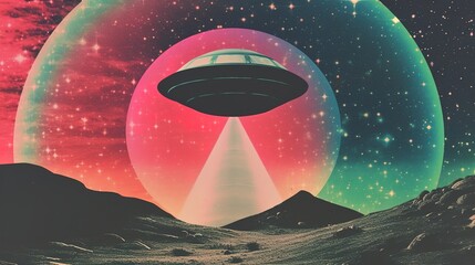 Generative AI, Vintage risograph collage of alien UFO in space, pastel halftone, geometric shapes, abstract grain texture