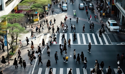 Urban Flow, Top View of Crowded Street with Many People Walking - Dynamic City Life in Motion.
