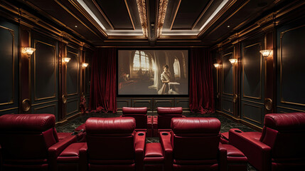 Lavish home theater burgundy velvet seats gold accents coffered ceiling ambient lighting sophisticated atmosphere - obrazy, fototapety, plakaty