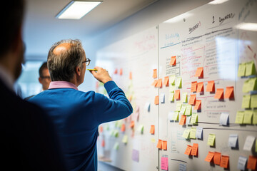 Company employees discuss development strategy in office. Man standing near board with sticky notes, analyzing information and searching new ideas. Success business plan in start up project