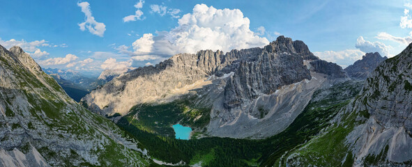 Panorama view of the blue turquoise Lake Sorapis (Lago di Sorapiss) with mountains with the...