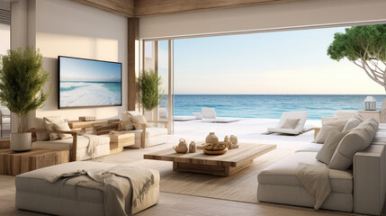 Fototapeta na wymiar Beachfront cinema sand-colored seating shiplap walls. 110-inch 4K TV screen marine-grade audio