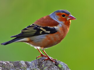 Obraz premium Brambling, Fringilla montifringilla, green background