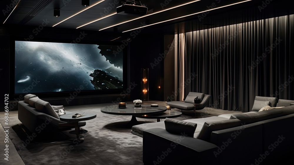 Wall mural monochromatic home cinema customizable seating polished concrete walls 140-inch 8k tv screen integra