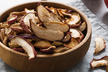 Dried apple slices, healthy vegan snack, close up