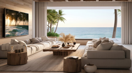 Cinema in beachfront villa linen seating shiplap walls 110-inch 4K TV screen marine-grade audio