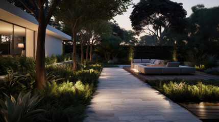 Lush garden in Smart Home's outdoor area automated irrigation security cameras pathway lighting